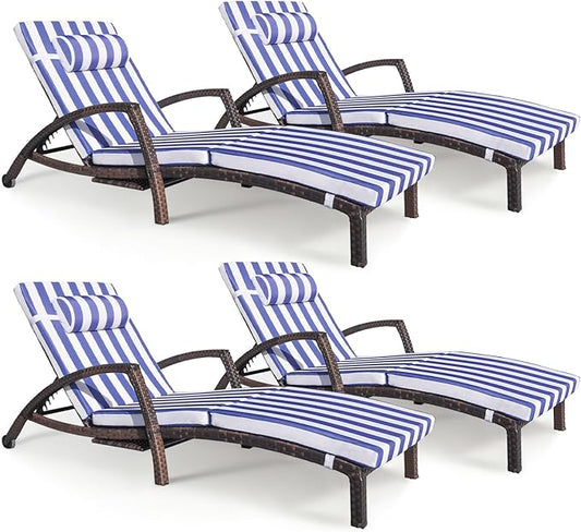 Chaise Lounge Chairs Outdoor Set of 4, Comfy Outside Wicker Patio Pool Lounge Chair w/ 5 Adjustable Back Angle, Cup Holder, Thicken Cushion