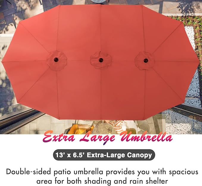 PHI VILLA 7 Piece Patio Dining Set with Umbrella, 60” Rectangular Metal Dining Table & 6 Stackable Metal Chairs & 13ft Large Red Umbrella for Outdoor, Deck, Yard, Porch