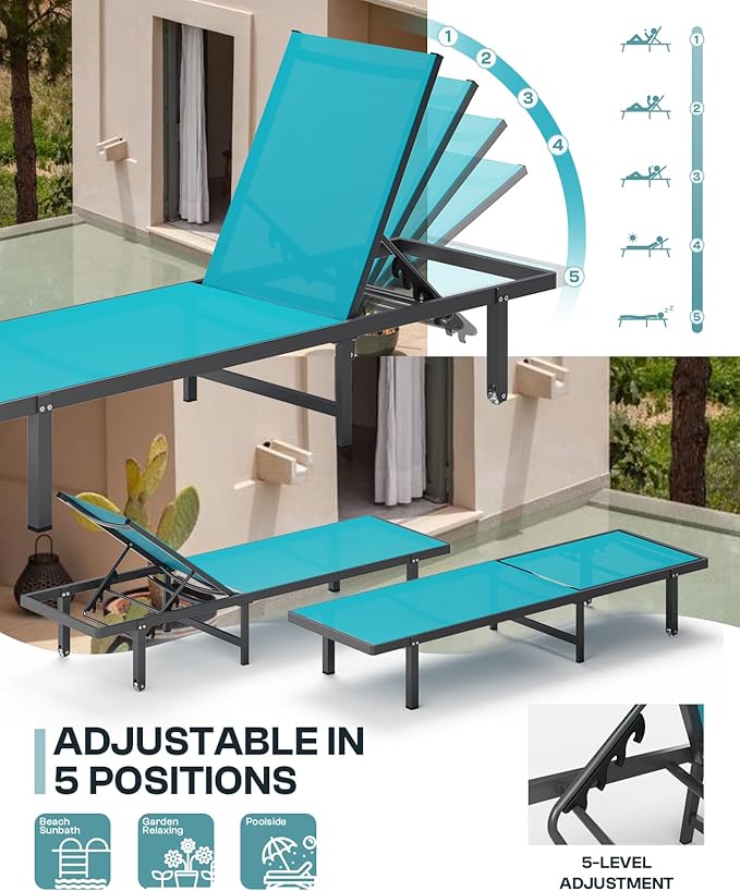 Aluminum Outdoor Lounge Chairs Set of 2, Pool Lounge Chairs with Wheels and 5-Position Recliner -Easy to Move- Patio Chaise Lounge Outdoor for Poolside, Deck, Beach (Lakeblue)