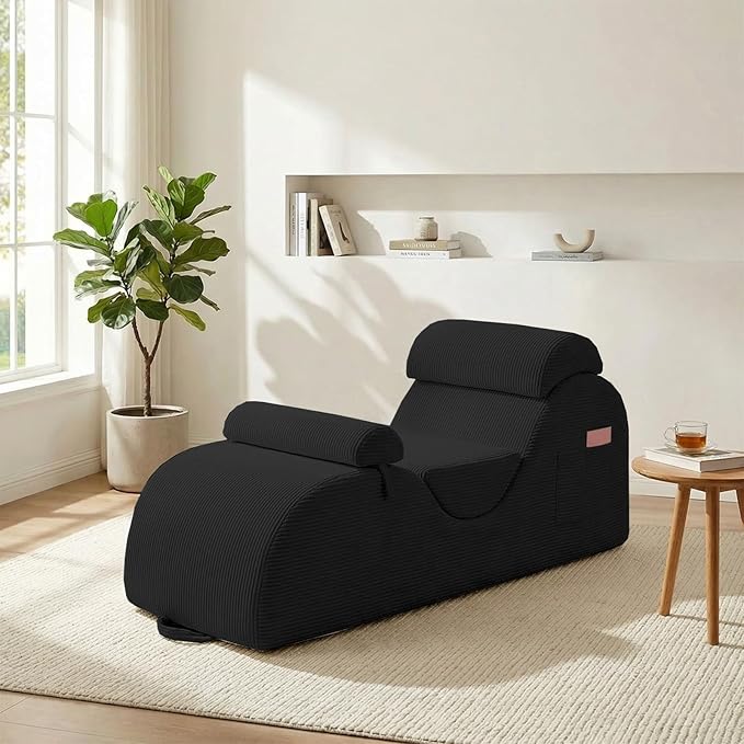 ijuicy 25" Wide Corduroy Yoga Chair, Yoga Lounge Chair for Adults, Chaise Lounge Chair Indoor/Yoga Lounger with Headrest, Waist Cushion, Movable Footrest, Side Pockets, High Density Sponge-Black