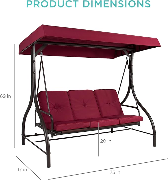Best Choice Products 3-Seat Outdoor Large Converting Canopy Swing Glider, Patio Hammock Lounge Chair for Porch, Backyard w/Flatbed, Adjustable Shade, Removable Cushions - Burgundy