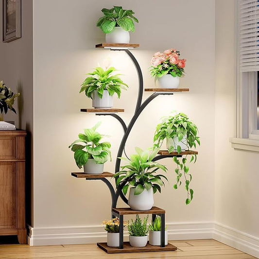 Plant Stand Indoor with Grow Lights, 7 Tiered Indoor Plant Shelf, 49" Corner Plant Stands for Indoor Plants, Metal Plant Flower Display Shelf, Tree-Shaped Plant Rack for Home, Patio, Brown