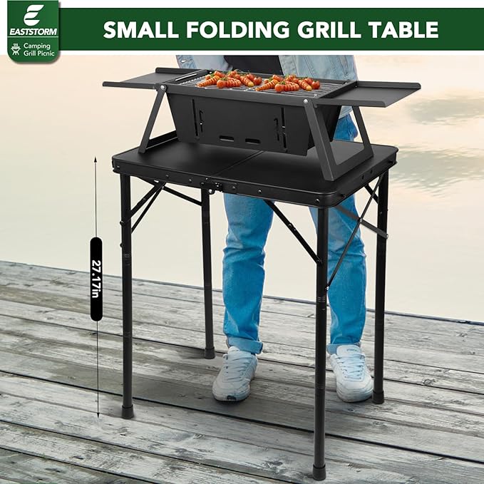Small Metal Folding Table 3 Adjustable Heights, 23.6''×15.7''×27'' Heavy-Duty Portable Picnic Table for Outdoor Camping, Garden, Patio, Grill, BBQ, Party, 2Ft (Small, Black)