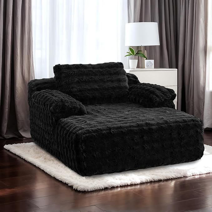 VINGLI 67.7" Oversized Chaise Lounge Chair Indoor Reading Chairs Comfy Bubble Fleece Upholstered Boneless Sofa Bed Sleeper Sofa Cloud Couches for Living Room, Bedroom, Play Room (Black)