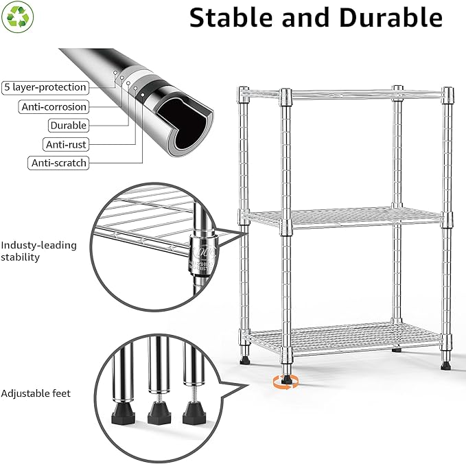 450 lbs Wire Storage Shelving 3-Tier Utility Shelving Unit Steel Organizer Wire Rack for Home,Kitchen,Office,Chrome(11.8" D x 17.7" W x 26.4" H)
