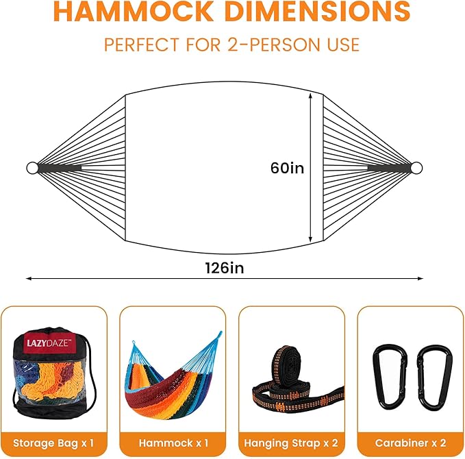 Lazy Daze Hammocks Handwoven Mayan Hammock, 10.5 FT Soft Rope Double Hammocks, Portable Outdoor Hammock with Carry Bag, 2 Straps & Carabiners for Patio Outside, 550 lbs Weight Capacity, Rainbow