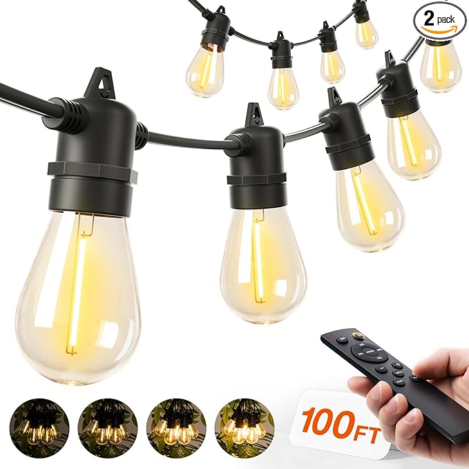 addlon 100FT LED Outdoor String Lights, Remote Dimmable Patio Lights with Timer & 3 Lighting Modes, 32 Shatterproof Edison Bulbs, Waterproof Connectable String Lights for Outside Backyard Porch Party
