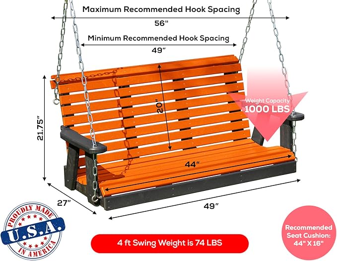 Poly Lumber Wood 4FT Porch Swing Amish Craftsmandship Made in USA HDPE with No wood fibers and 1000 lbs Limit. Stainless Steel Hardware.Signature Rollback design for Patio Outdoor Backyard Garden Park