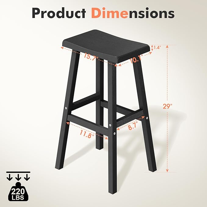 NUNU LAB HDPE Weatherproof Bar Stools Set of 2-29 Inch Bar Height Stools with Curved Backrest, UV Resistant Kitchen Island Chairs for Pub, Patio, Outdoor Bar Counter (Black)