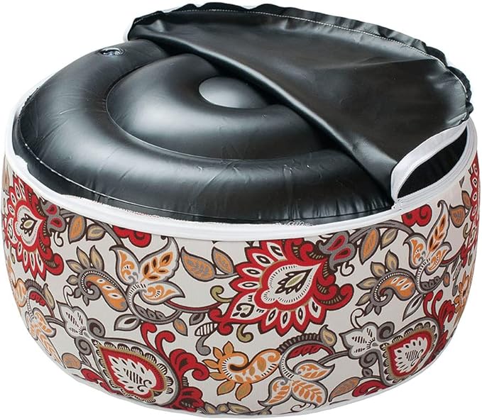 Magpie Fabrics Indoor/Outdoor Inflatable Stool Ottoman Pouf, Water Repellent Round Footrest Footstool with Foot Pump D20 xH9, Portable for Patio Garden Travel Camping or Home, Floral Red Orange