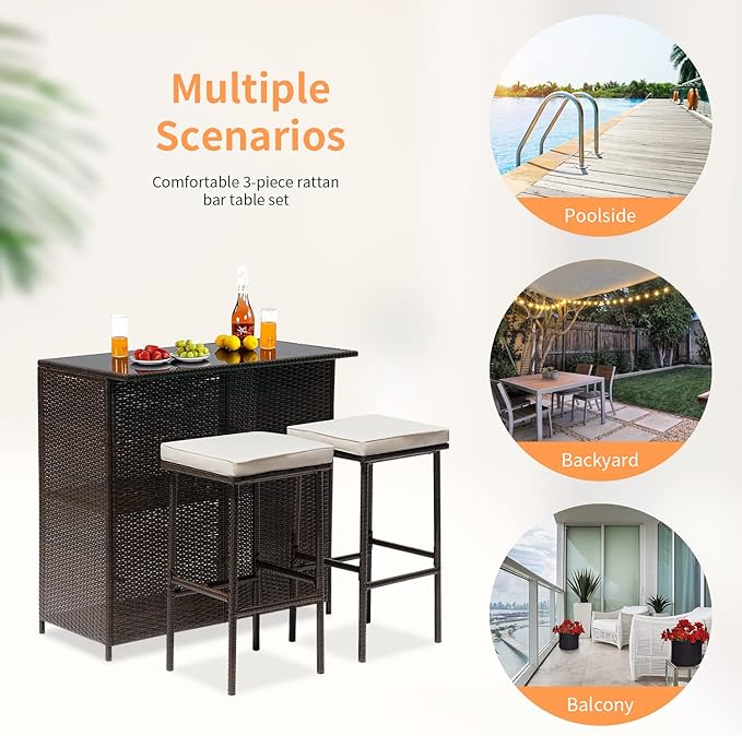Wicker Patio Furniture 3 Piece Patio Bar Table Set Chairs Wicker Outdoor Rattan Bistro Set Glass Top Table and Two Stools for Yard or Backyard