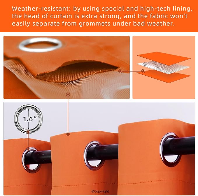 DIVA EN CAMINO DEC Outdoor Patio Curtain Waterproof Darkening Thermal Insulated Indoor Curtains for Bedroom, Porch, Living Room, Pergola, Cabana, W52 x L95, Orange, Set of 2 Panels