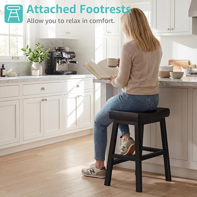 24 Inch Bar Stools Set of 2 for Kitchen Island, Kitchen Chairs Counter Height Stools with Footrest, Black Saddle Leather Barstools Heavy Duty for Dining Table Farmhouse Outdoor