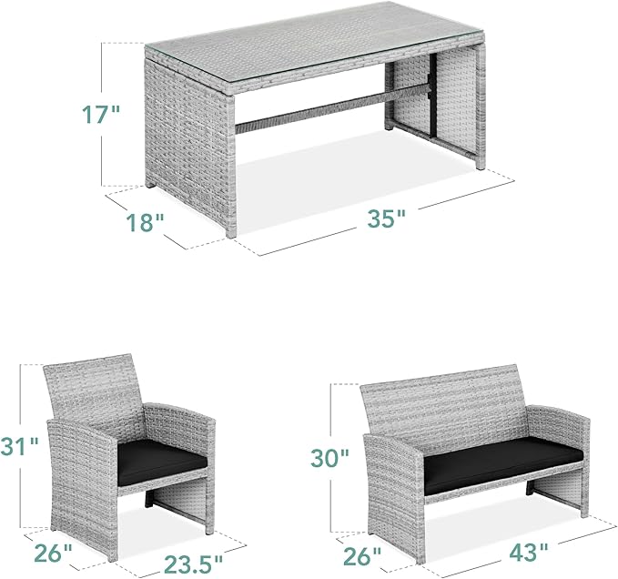 Best Choice Products 4-Piece Outdoor Wicker Patio Conversation Furniture Set for Backyard w/Coffee Table, Seat Cushions - Gray/Black