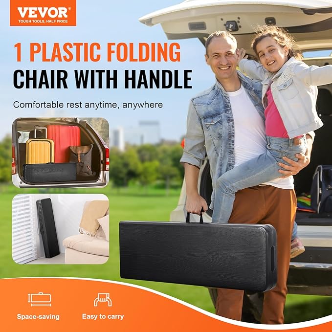 VEVOR Plastic Folding Bench, 6ft Portable Folding Bench, Smooth High Density Polyethylene Waterproof Outdoor Bench, Picnic Camping Table with Handle for Garden Soccer Playtime, Black (1 Pack)