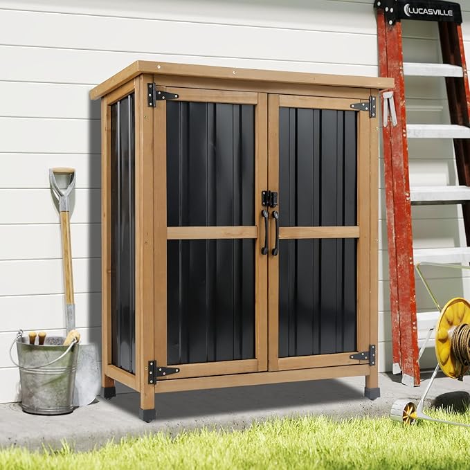 Outdoor Storage Cabinet Waterproof with Shelves, Storage Box with Lockable Doors, Wood & Metal Patio Yard Pool Garden Storage Cabinet Organizer, Gifts for Women Men