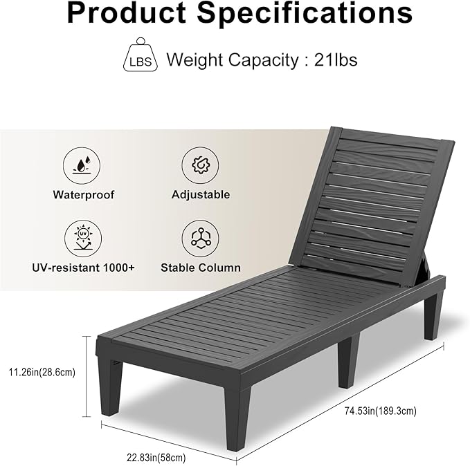 EasyUp Resin Chaise Lounge Chairs with 5-Position Backrest, UV & Fade-Resistant, Waterproof for Garden, Pool, Beach & Patio (Set of 1-Black)