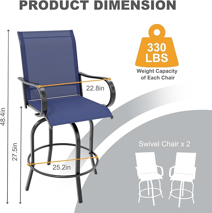 GarveeLife 2 Piece Outdoor Swivel Bar Chairs, Patio High Swivel Bar Stools, All Weather High Back and Armrest Patio Chairs, Outdoor Rotating BarChair Counter Height for Deck Lawn Garden Backyard