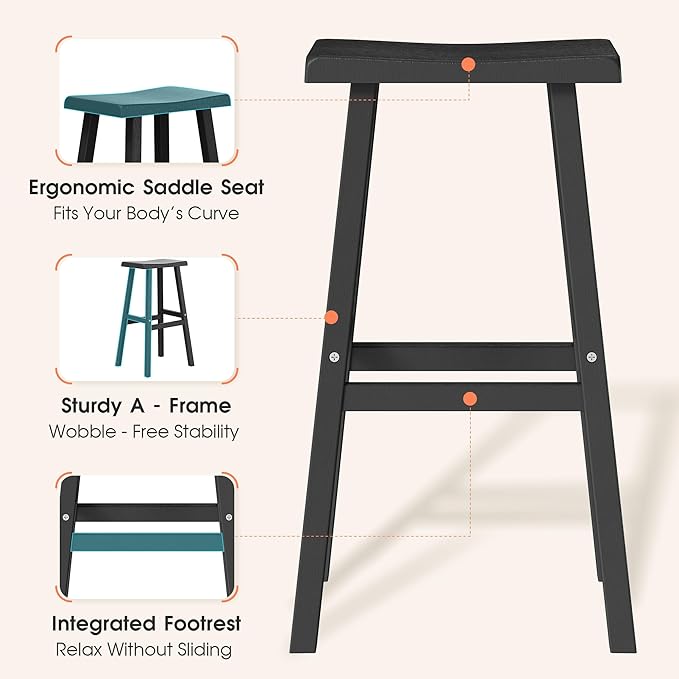 NUNU LAB HDPE Weatherproof Bar Stools Set of 2-29 Inch Bar Height Stools with Curved Backrest, UV Resistant Kitchen Island Chairs for Pub, Patio, Outdoor Bar Counter (Black)