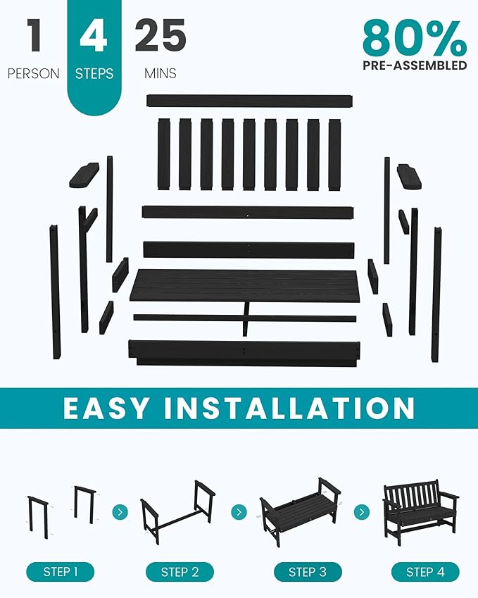 SERWALL Outdoor Bench, HDPE Outdoor Benches Weatherproof, 2-Person Garden Bench with 660 lbs Weight Capacity, Patio Benches for Outdoors, Garden, Porch, Backyard and Park, Black, 2 Pack