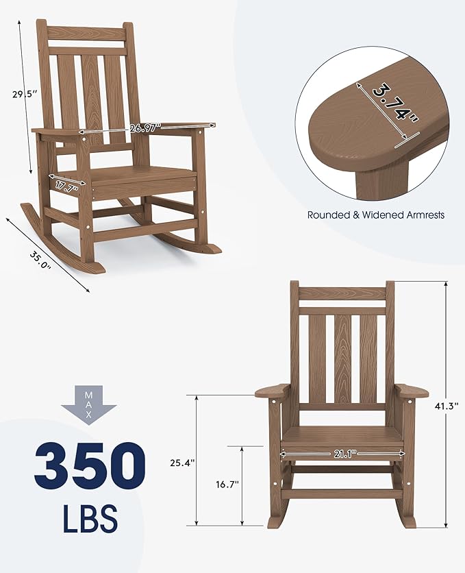 KINGYES Oversized Outdoor Rocking Chair Set of 6, All-Weather Patio Rocking Chairs for Porch, HDPE Outdoor Patio Rockers with High Back & Wide Seat for Garden, Lawn, Brown