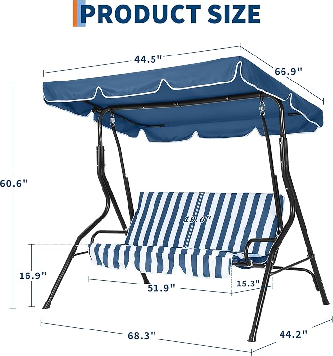 Outdoor Porch Swing Chair with Adjustable Canopy & Striped Seat Cushion for Adults 3-Seat Patio Glider Bench with Thick Cushions Steel Frame Outdoor Swing Chair for Backyard Lawn Garden Blue
