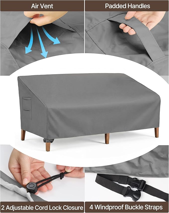 Vailge Heavy Duty Patio Sofa Cover, 100% Waterproof 3-Seater Outdoor Sofa Cover,Lawn Patio Furniture Covers with Air Vent and Handle,85" Wx 37" Dx 35" H,Grey