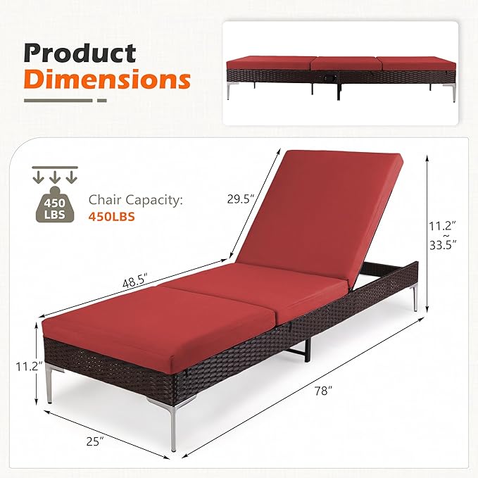 HOMREST Outdoor Lounge Chairs Set of 2, Patio Wicker Chaise Lounge with Removable Cushion, Rattan Pool Sunbathing Recliners with Adjustable Backrest (Burgundy)