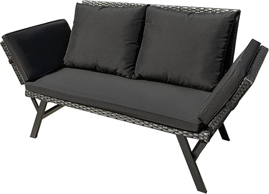 Greesum Outdoor Sofa, Woven Rattan Patio Furniture, Convertible Daybed or Double Chair with Adjustable Armrests, Cushions and Pillows for Yard, Porch, Pool, Black Lounger & Black Pillowcase