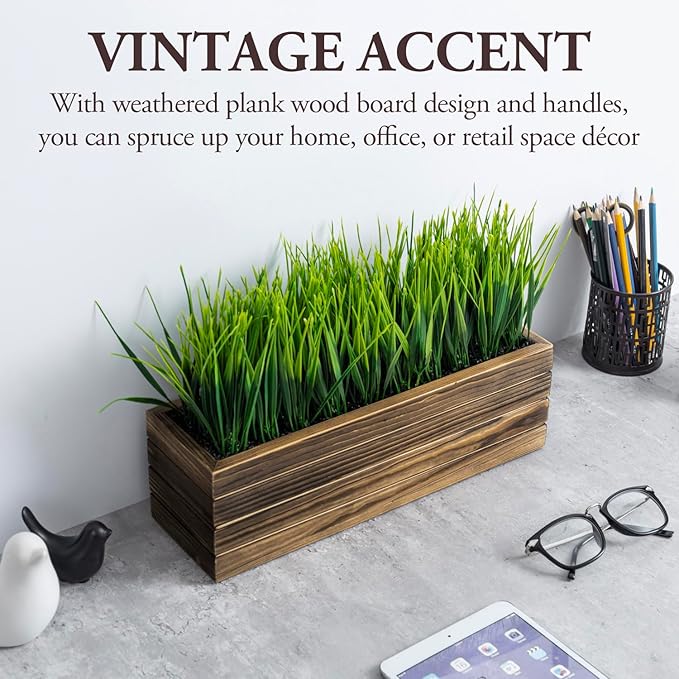 MyGift 14 Inch Artificial Green Grass Plant in Rustic Burnt Solid Wood Rectangular Crate Style Planter Box, Indoor Decor Faux Greenery in Decorative Wooden Container