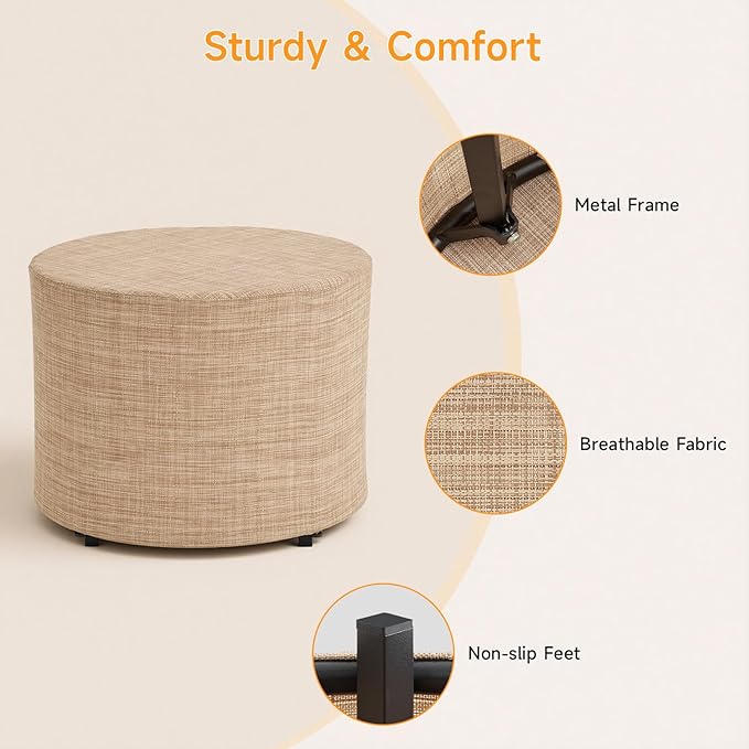 ONBRILL Outdoor Round Ottoman, All Weather Outdoor Footstool with Supportive Textliene, Patio Footrest with Sturdy Metal Frame, Multipurpose Outdoor Furniture for Patio, Balcony, Pool, Indoor, Beige