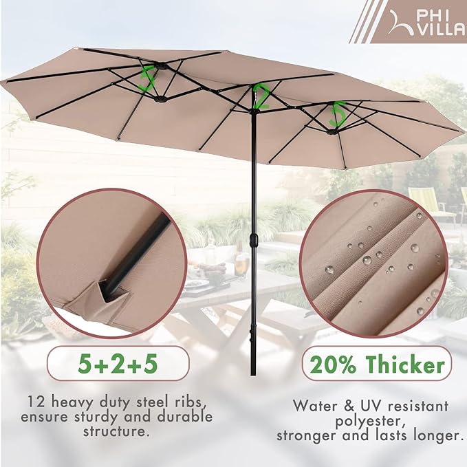 PHI VILLA Patio Dining Set 8 PCS with 13ft Double-Sided Patio Umbrella(Beige)，Metal Outdoor Dining Set - 6 x Outdoor Stackable Chairs, 1 x 60"x38"Rectangle Dining Table and 1 Umbrella