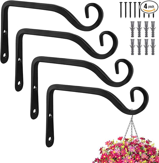 Plant Hangers Outdoor 4 Pack 10 Inch Metal Hanging Plant Bracket Metal Hanging Plant Hooks Indoor, Wall Hooks for Hanging Plants, Bird Feeder, Flower Basket, Wind Chimes Black (4PCS)