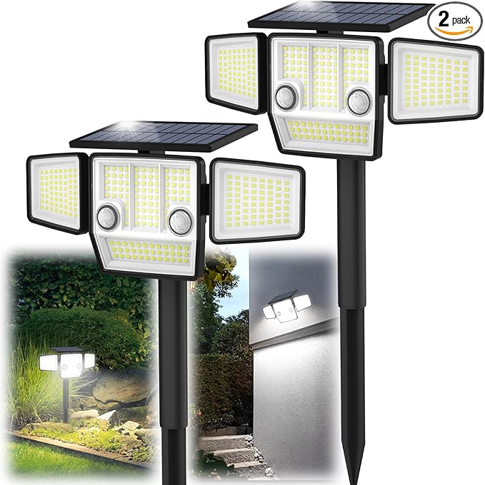 Solar Outdoor Lights with Stakes, 2500LM 180° PIR Motion Sensor, 360° Wide Angle Illumination, In-Ground or Wall Mount, IP65 Waterproof, 3 Modes, 236 LEDs Security Flood Light, 2 Pack