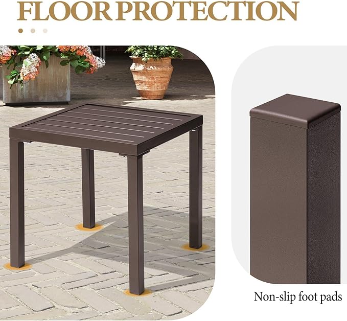 Crestlive Products Outdoor Side Table Set of 2, Small Square Metal End Table Weather Resistant Pool Side Tables for Patio Balcony(Brown)
