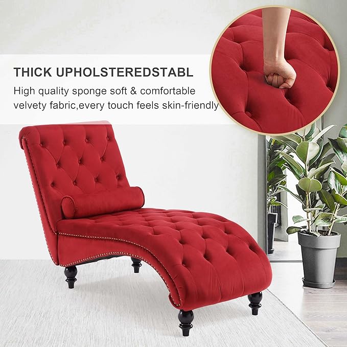 Chaise Lounge Indoor,Velvet Upholstered Lounge Chair Button-Tufted Armless Chair with Pillow, for Bedroom Living Room Office Modern Backrest Leisure Recliner Sleep Sofa,Red