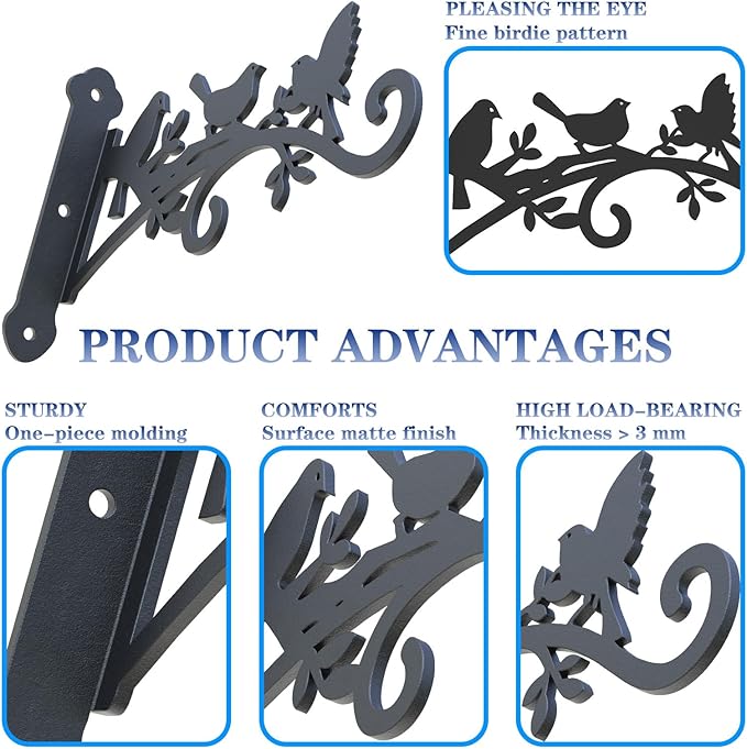 Metal Hanging Plant Bracket with Birdie Pattern 2 Pack – Heavy Duty Plant Hooks for Hanging Flower Baskets，Plants, Bird Feeder, Wind Chime - Indoor/Outdoor Use，Black Matte Texture (9 in)