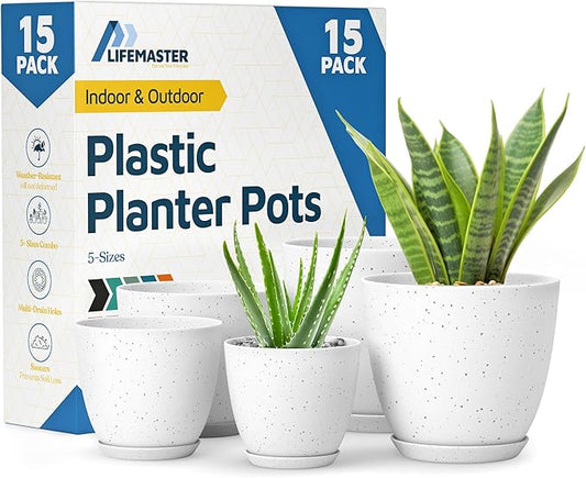 White Gray Plant Pots with Drainage Holes & Saucers 15 Pack, Indoor & Outdoor Stackable Space-Saving Planters for Houseplants & Flowers, (7", 6.7", 6", 5.3", and 4.8" Inches), Durable & Weatherproof