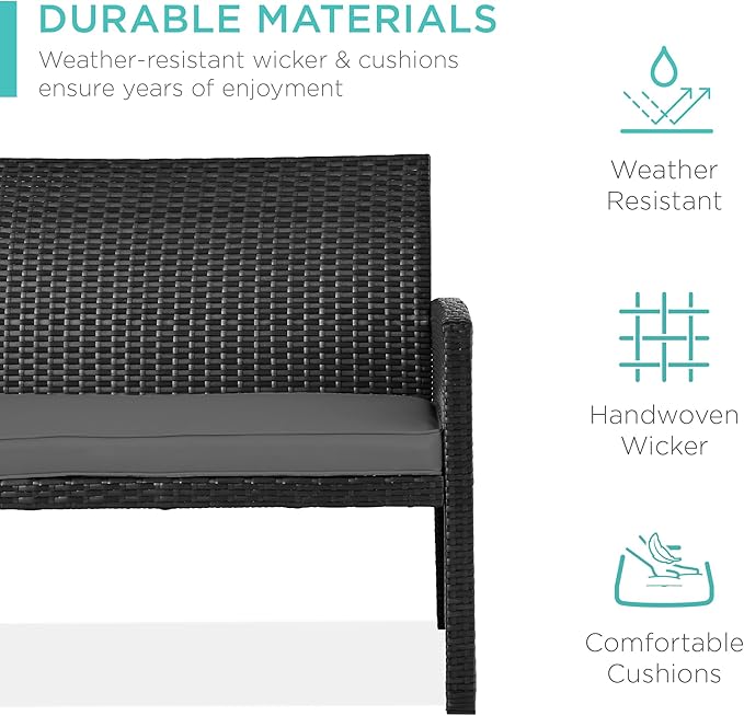 Best Choice Products 4-Piece Outdoor Wicker Patio Conversation Furniture Set for Backyard w/Coffee Table, Seat Cushions - Black/Gray
