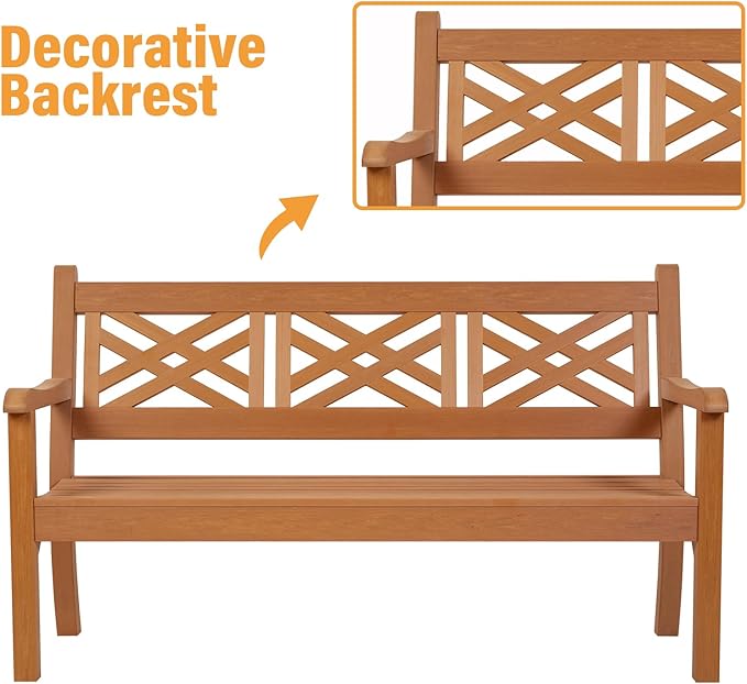 Psilvam 63''W All-Weather Poly Lumber Outdoor Bench – Teak Color, 3-Person Garden Bench with Decorative Backrest & Curved Armrests, Anti-Rot & Fade-Free Patio Bench for Porch, Backyard(Teak Color)