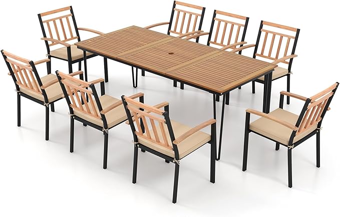 Tangkula 9 Piece Patio Dining Set, Outdoor Dining Furniture Set w/Rectangular Acacia Wood Dining Table & 8 Cushioned Chairs, Metal Frame Dining Set w/Umbrella Hole for Yard, Porch, Garden, Deck