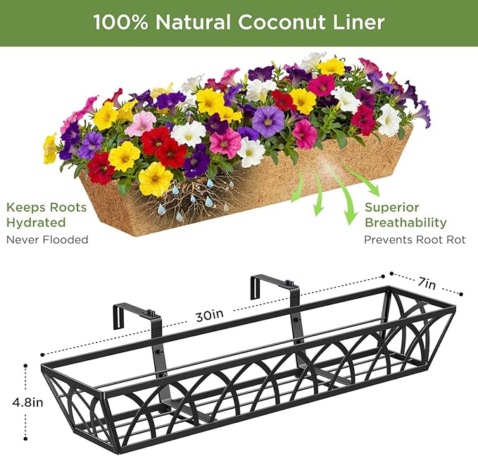 30 Inch Window Deck with Coco Liner, Fence Metal Hanging Flower Planter Window Basket Deck Railing Planter Boxes for Outdoor Garden Lawn，30" Window Boxes Horse Trough with Coconut Coir Liner, 4pcs