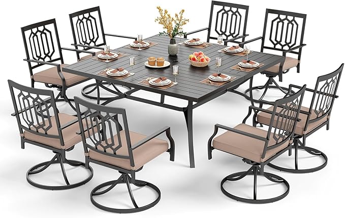 PHI VILLA 9 Pieces Outdoor Dining Set for 8, 60" Black Square Wrought Iron Table with Umbrella Hole & Swivel Metal Chairs with Cushions, Large Outside Furniture Set for Patio, Deck, Yard, Porch