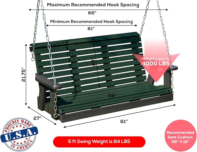 Poly Lumber Wood 5FT Porch Swing Amish Craftsmandship Made in USA HDPE with No wood fibers and 1000 lbs Limit. Stainless Steel Hardware.Signature Rollback design for Patio Outdoor Backyard Garden Park