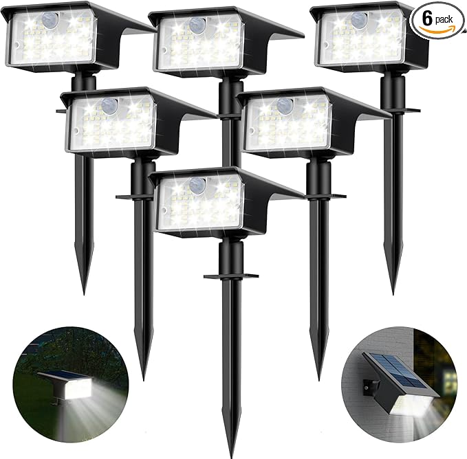Nipify Solar Spot Lights Outdoor Motion Sensor, [6 Pack/62 LED]3 Modes Solar Landscape Spotlights Outdoor Waterproof, 2-in-1 Solar Lights Outdoor Wall Lights for Yard Garden Patio Pathway, Cool White