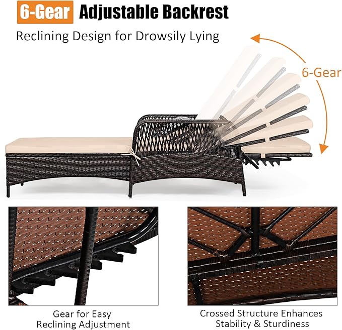 Tangkula Wicker Chaise Lounge Outdoor, Patio Rattan Reclining Chaise with 6-Gear Adjustable Backrest, Thick Padded Cushion & Removable Lumbar Pillow, Pool Lounge Chairs for Outside Balcony Backyard