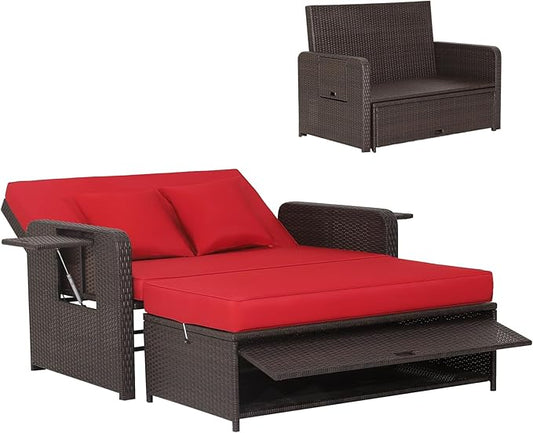 HAPPYGRILL Patio Rattan Wicker Daybed with Loveseat & Storage Ottoman, Outdoor Lounge Sofa Furniture Set with Adjustable Backrest & Side Trays, for Poolside Deck Porch Lawn (Mix Brown & Red)