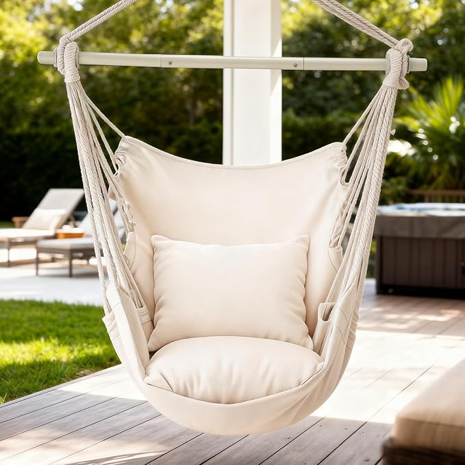 MoNiBloom Hammock Chair Hanging Rope Swing w/2 Cushions, Boho Macrame Hanging Chair Max 350 lbs Capacity w/Side Pocket for Adults Indoor/Outdoor, Living Room Bedroom Comfy Reading Swinging Chair