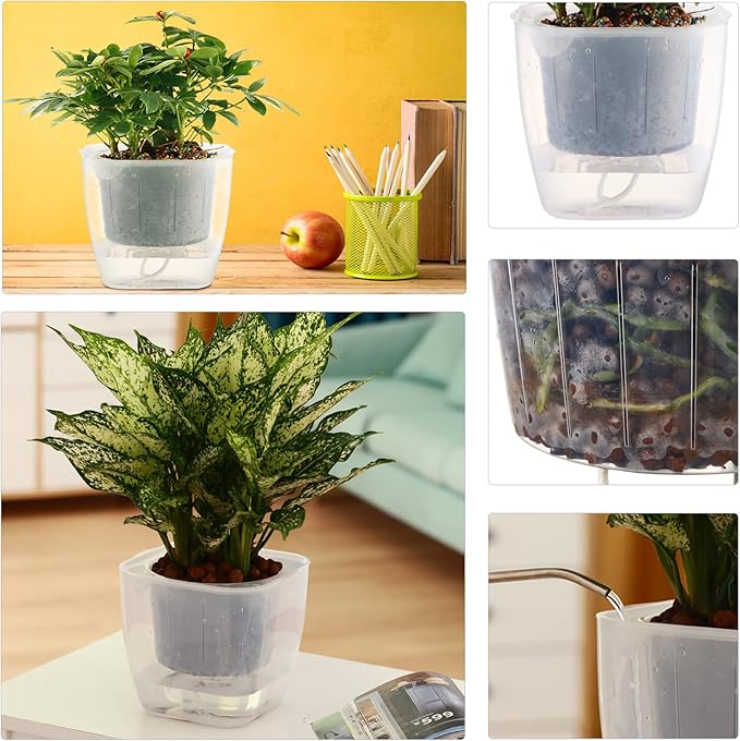 3-Pack Clear Self Watering Planters for Indoor Plants 7" Large African Violet Plant Pots Plastic Wick Flower Pots with Water Injection Hole, Orchid Plant Pot Set, Clear