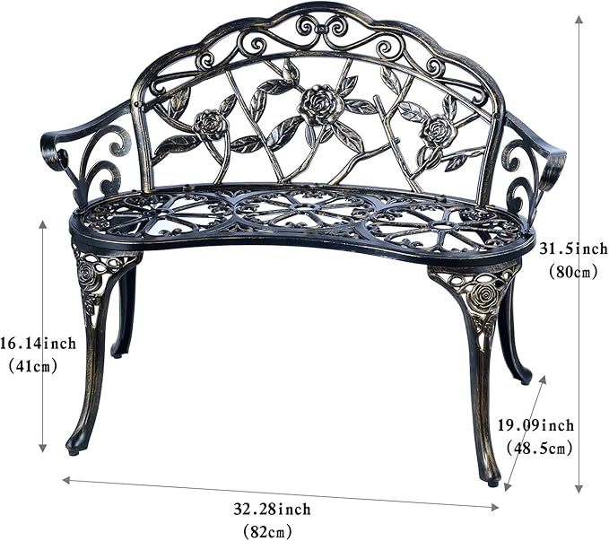 Patio Balcony Bench Double Seat, Anti-Rust Cast Aluminum Patio Garden Bench for Park Yard Outdoor Furniture Copper.1